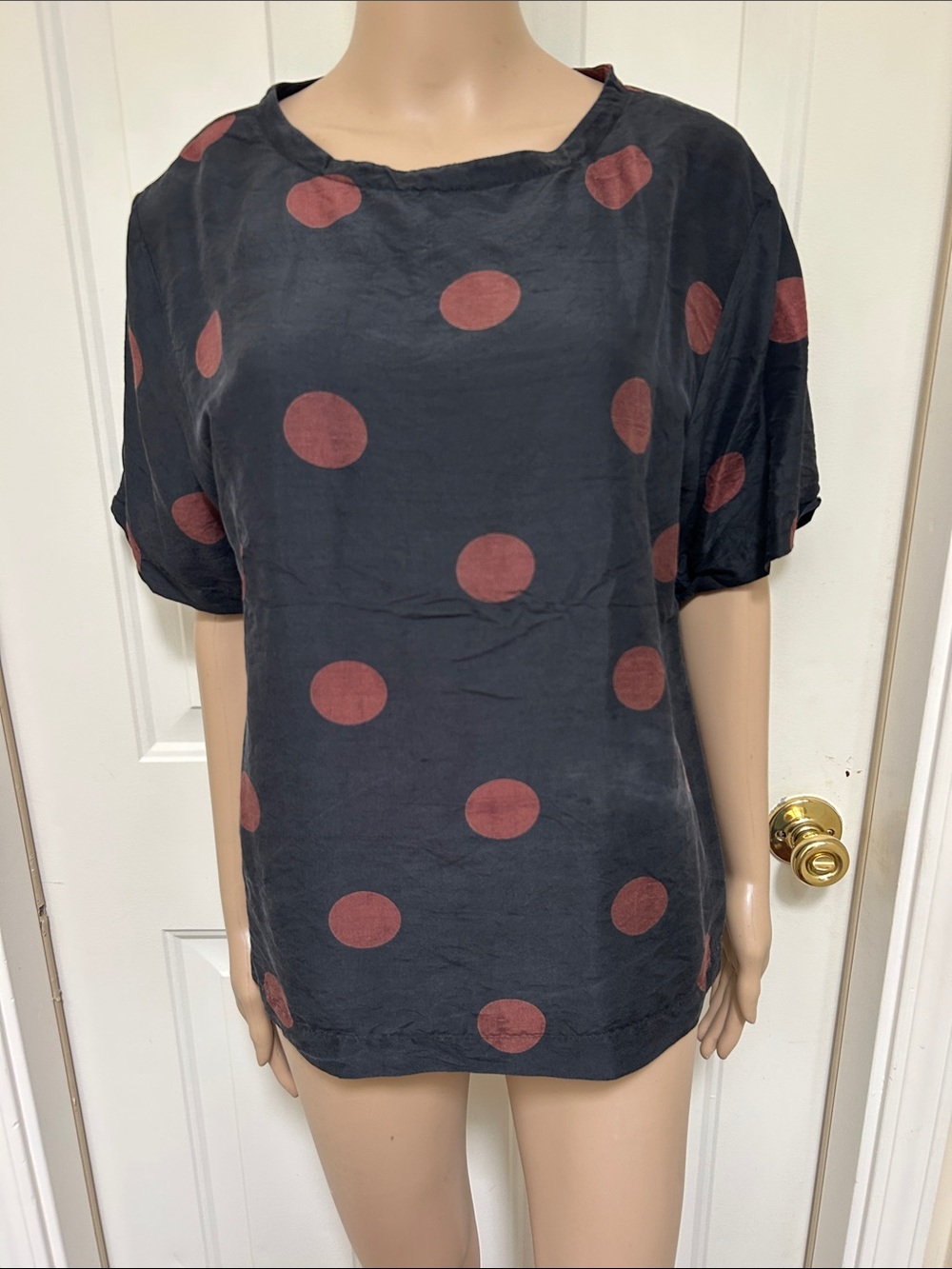 Vintage Ann Taylor Studio Black Silk Short Sleeve Blouse with Brown Polka Dots